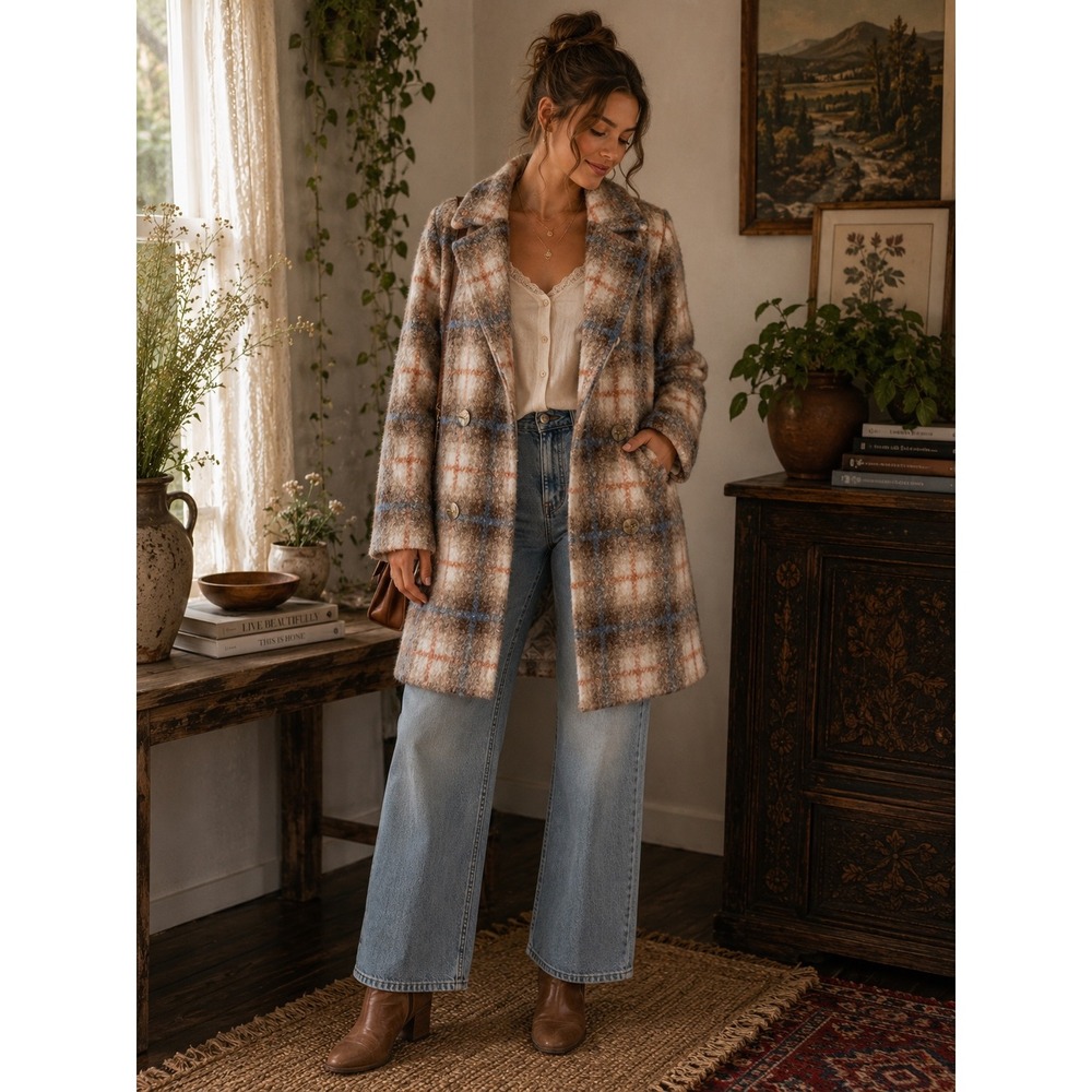 Cliche Plaid Boucle Wool Blend Coat Brown Blue Orange Longline Jacket Womens L
